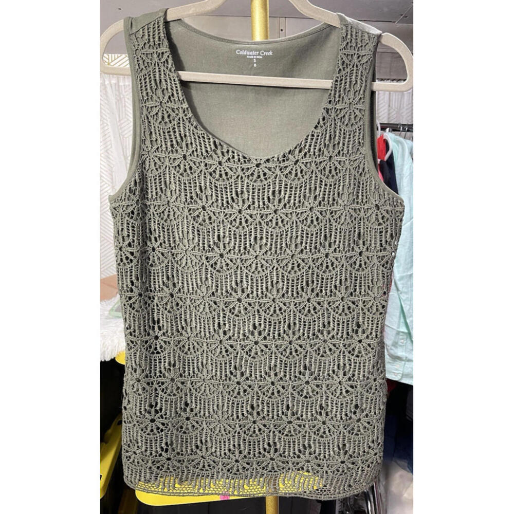 Coldwater Creek Sleeveless Knit Tank Top Olive Green Crochet Lace Overlay Size S